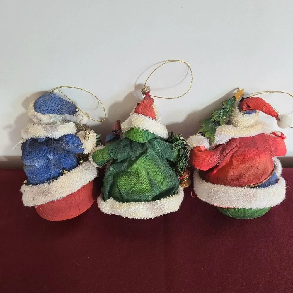 Vintage Fabric Mache Holiday Winter Christmas Ornaments Three Old World Santas